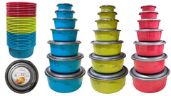 Juegos de siete recipientes con tapa en colores azul, amarillo y rosado