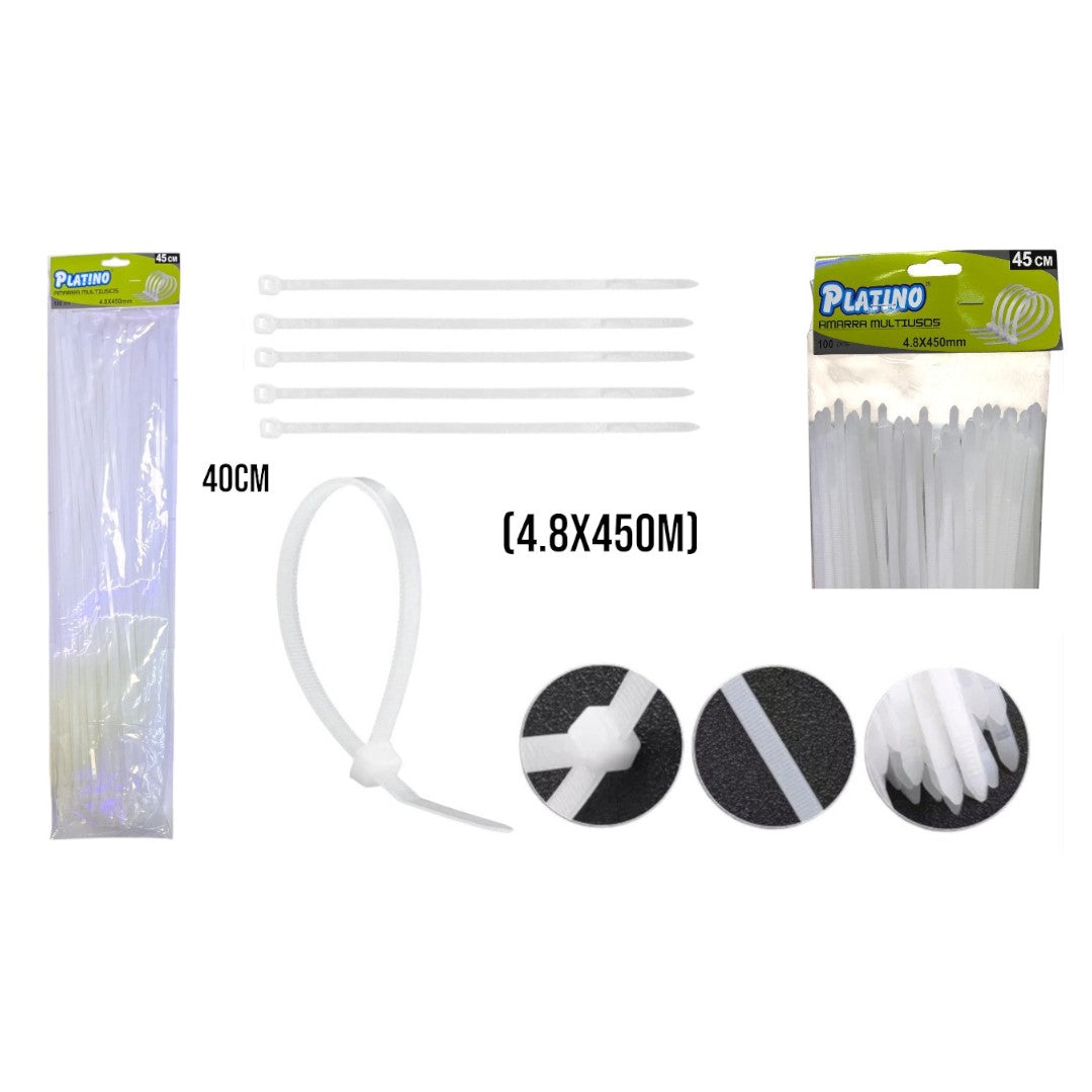 Amarras plásticas Platino blancas de 4,8 × 450 mm en bolsa de 100 unidades, con detalle del mecanismo de cierre.