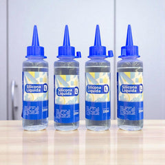 Presentación de cuatro botellas de silicona líquida DL de 100 ml con tapa azul.
