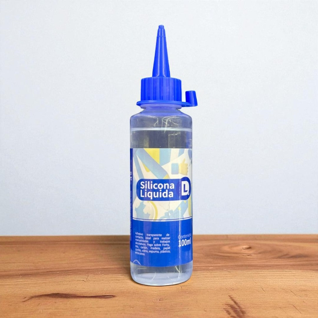 Botella individual de silicona líquida transparente DL, envase de 100 ml con tapa azul.