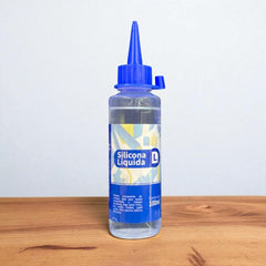 Botella individual de silicona líquida transparente DL, envase de 100 ml con tapa azul.