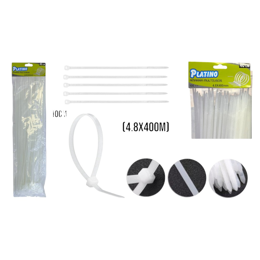 Amarras plásticas blancas HL23125 de 4.8 x 400 mm, empaque y medidas visibles