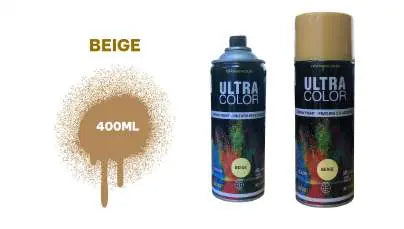 Gráfico de aerosol Ultra Color beige #33 de 400 ml, con dos vistas del envase y muestra del tono.
