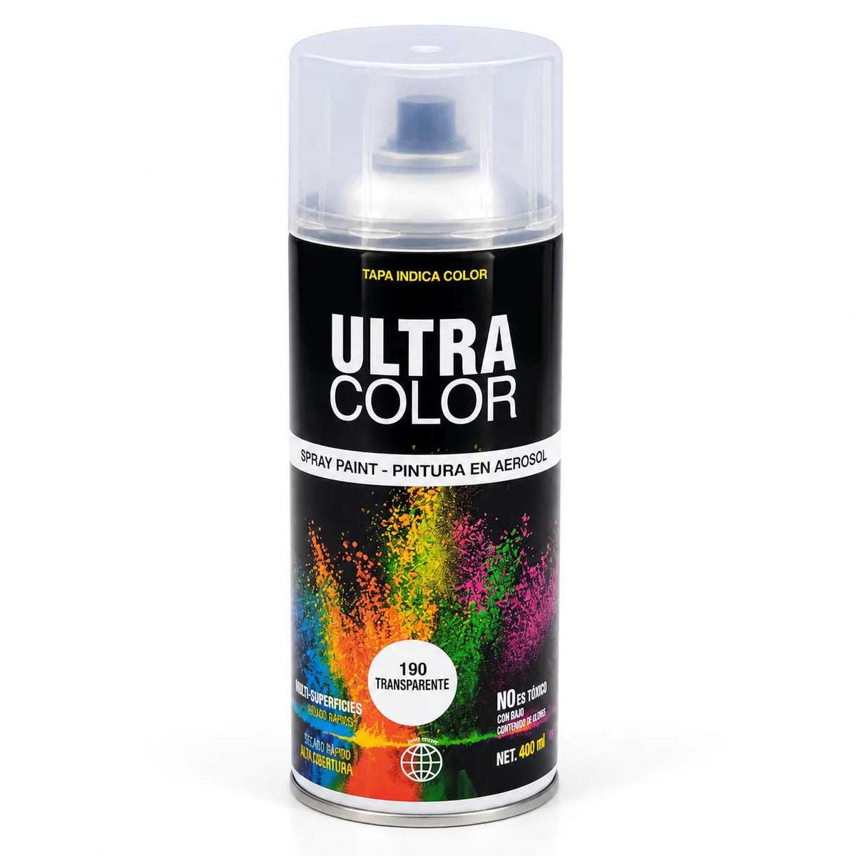 Envase individual de aerosol Ultra Color transparente #190, etiqueta de 400 ml con tapa transparente.