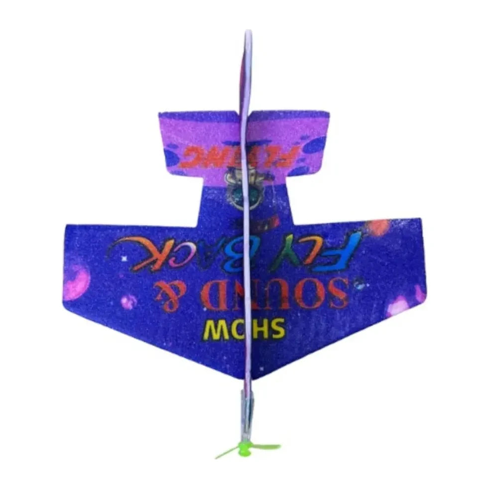 Avión de juguete YJ036 visto desde arriba, con alas anchas y hélice verde.