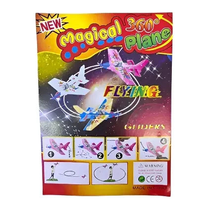 Empaque del avión de juguete Magical 360 Plane con ilustraciones de vuelo y montaje.