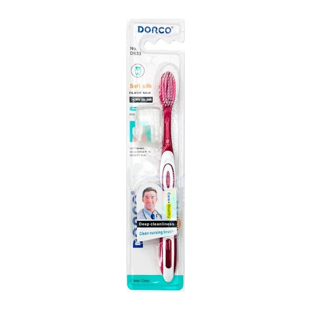 Cepillo dental Dorco D633 para adulto, mango rojo y blanco con cerdas rosadas, en blíster.