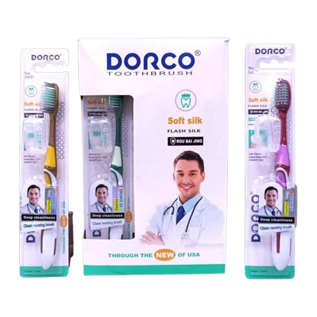Cepillos dentales Dorco D631 en blísteres de colores junto a la caja