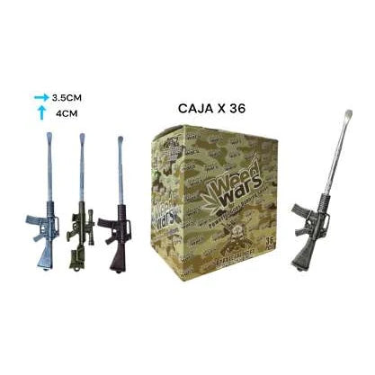 Dabber metálico con forma de rifle inspirado en Star Wars, SKU AC515-WEED, mostrado en varios colores y caja de 36.
