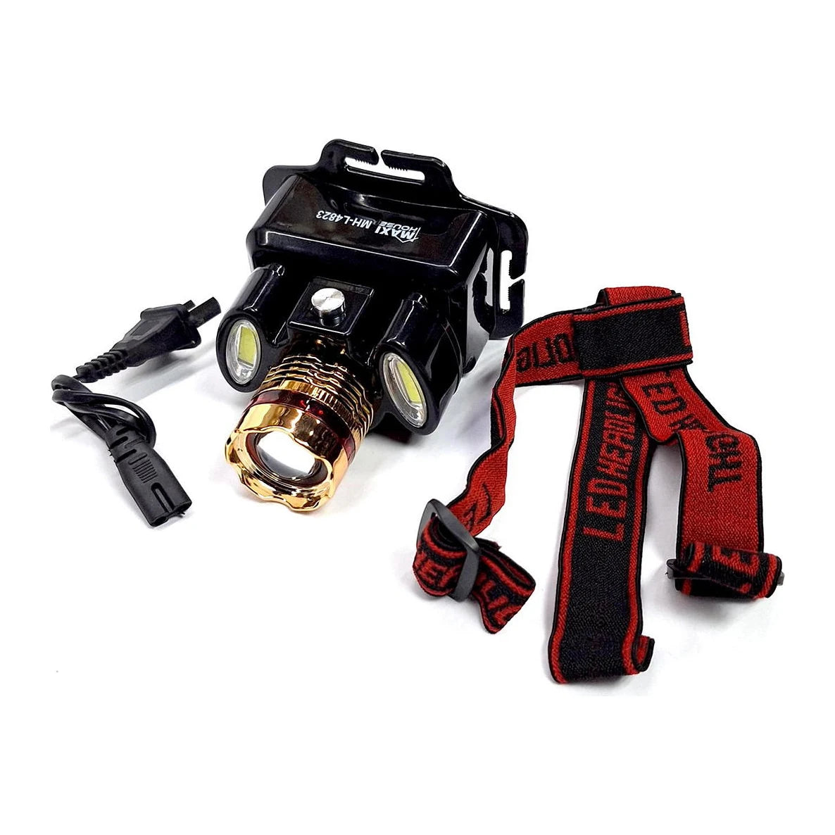 Linterna frontal recargable MAXI HOUSE MH-L4823 negra con cabezal dorado, luces laterales, correa roja y cable.