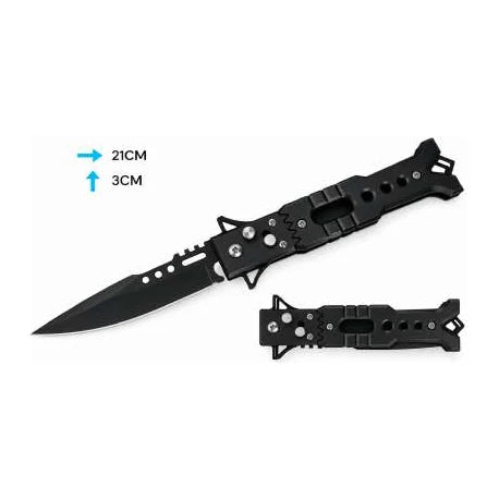 Navaja plegable negra F-098, vista abierta y cerrada; la imagen indica 21 cm de largo y hoja de 3 cm de ancho.