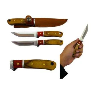 Navaja compacta SKU 204 con hoja plateada y mango marrón de madera, mostrada abierta, cerrada y en mano.