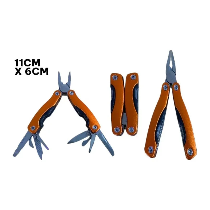 Navaja MT608 abierta, con alicates y varias herramientas plegables; incluye vista cerrada de 11 × 6 cm.