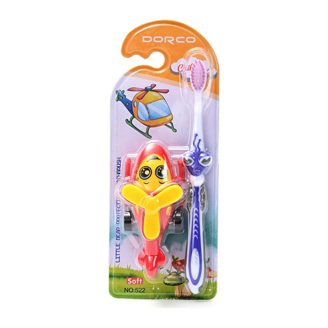 Cepillo dental infantil DORCO 522 de cerdas suaves, con mango morado y juguete de avión en el blíster.