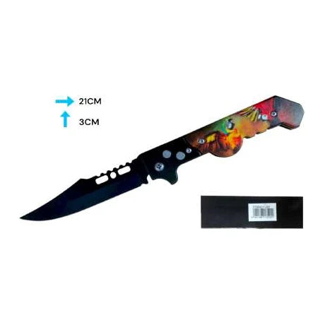 Navaja F-848 negra de 21 cm con hoja de 3 cm y diseño gráfico naranja y rojo en el mango.