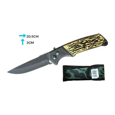 Navaja automática 7A020-KF602B abierta, con mango amarillo y negro de diseño tipo asta y funda; mide 20,5 cm.