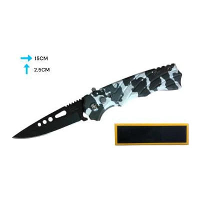 Navaja automática gris camuflada AZ3762 con hoja negra y funda