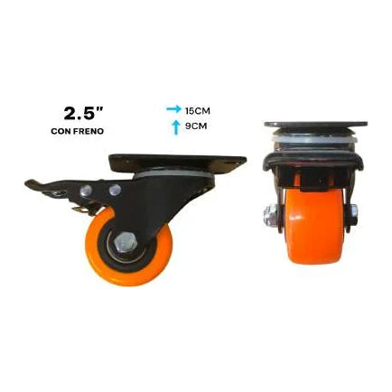 Rodachín naranja giratorio R0F2.5 de 2,5 pulgadas con freno; se muestran las vistas lateral e inferior y dimensiones aproximadas de 15 × 9 cm.