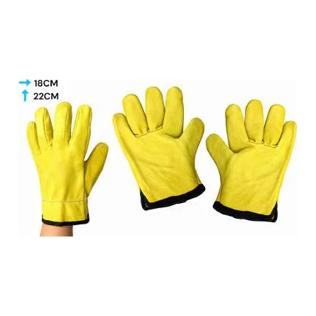 Guantes de trabajo amarillos de puño corto, referencia C1E, en vista frontal y posterior; medidas indicadas 22 × 18 cm.