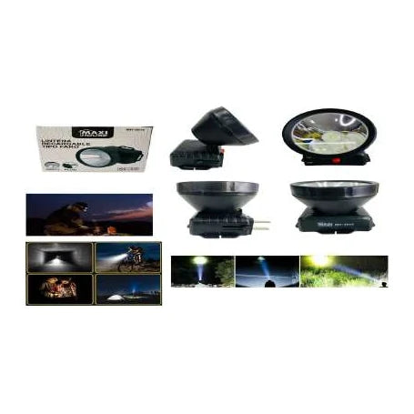 Linterna recargable negra tipo farol con asa plegable y reflector circular; incluye varias vistas y escenas de iluminación.