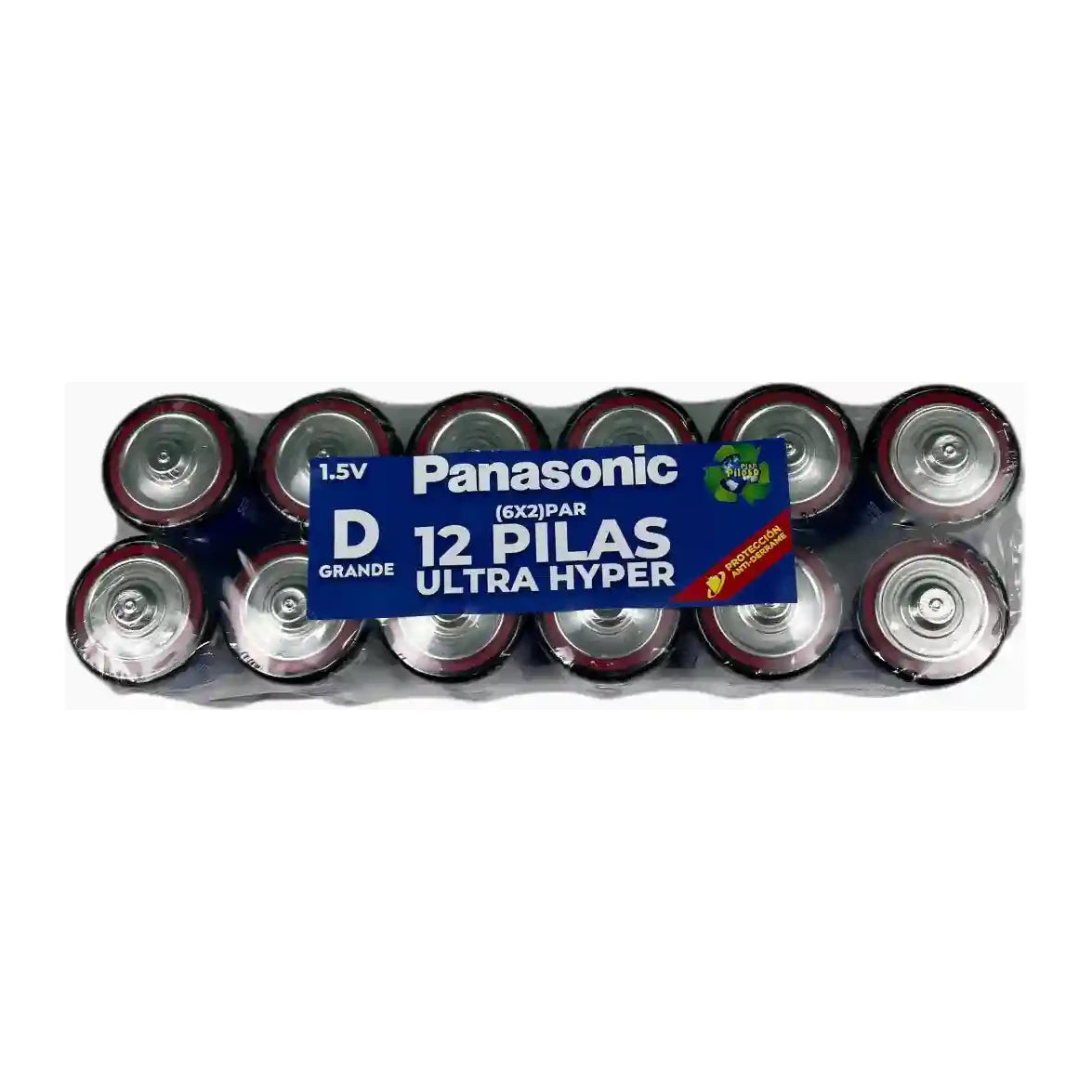 Vista de los terminales de un paquete de 12 pilas Panasonic grandes tipo D.