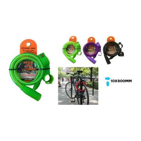 Candado de cable para bicicleta de 10 × 800 mm, presentado en verde, morado y negro.