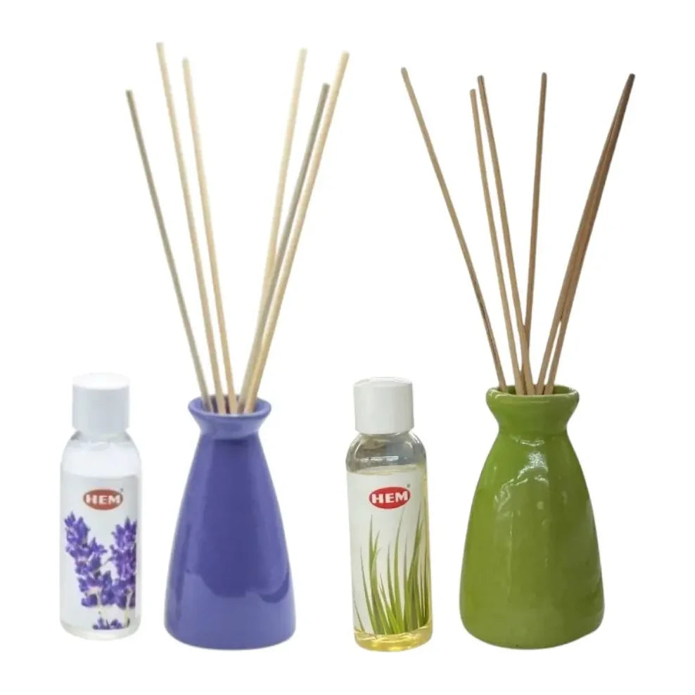 AMBIENTADOR CERAMICA LIMON Y LAVANDA — SKU HEM 40ML — Presentaciones reales de limón y lavanda