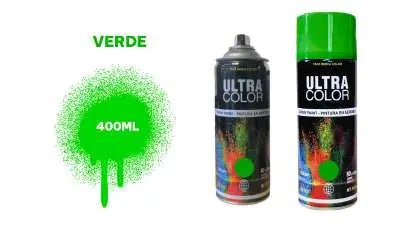Aerosol Ultra Color verde #37 de 400 ml, SKU 16160730, dos vistas de la lata y gráfico del color.
