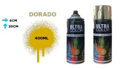 Aerosol Ultra Color Oro 18K de 400 ml, SKU 16160780, dos vistas de la lata y gráfico de aplicación.