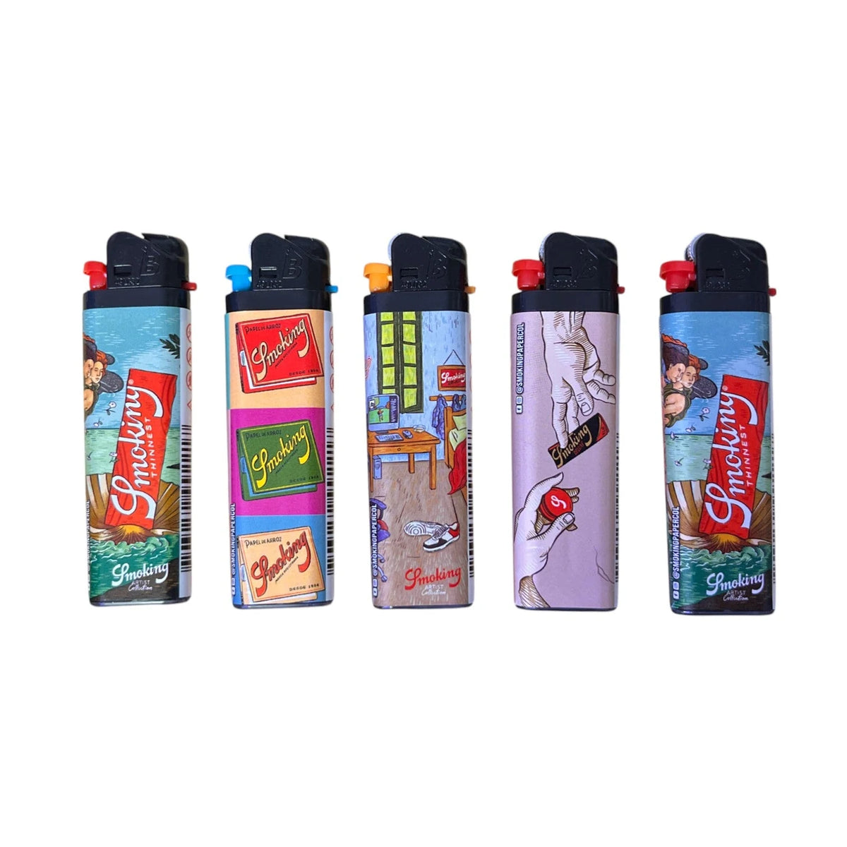 Exhibidor de encendedores desechables Smoking Artist Collection con carcasas ilustradas y surtido de colores.