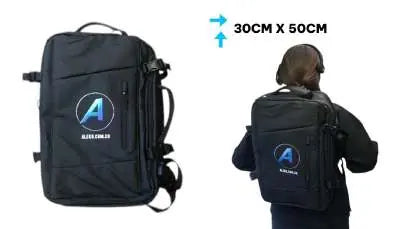 Morral Aleko negro de 30 × 50 cm, vista frontal y llevado en la espalda, SKU 832