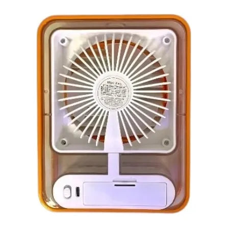 Vista posterior del ventilador portátil naranja con rejilla y controles