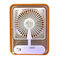 Vista posterior del ventilador portátil naranja con rejilla y controles