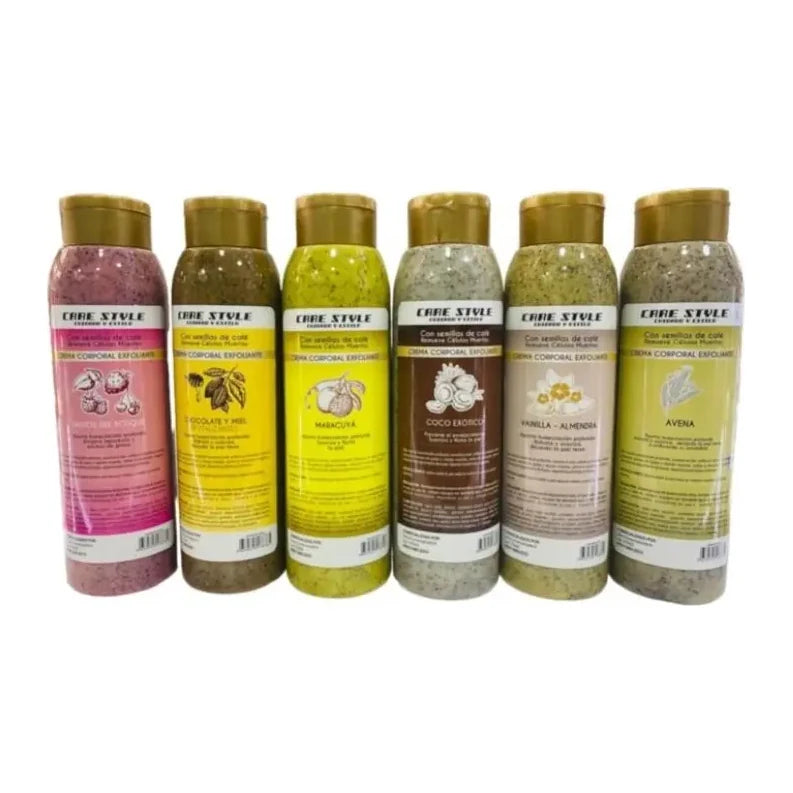 Seis frascos Care Style de exfoliante corporal en distintos colores y presentaciones; no coincide con Sativa DY-009 de 630 ml.