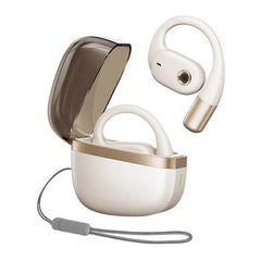 Audífonos abiertos Remax P9 color blanco con soportes de oreja y estuche de carga abierto.