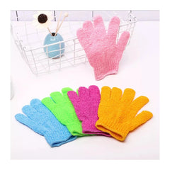 Guante exfoliante JP185 rosa junto a guantes texturizados en azul, verde, fucsia y naranja.