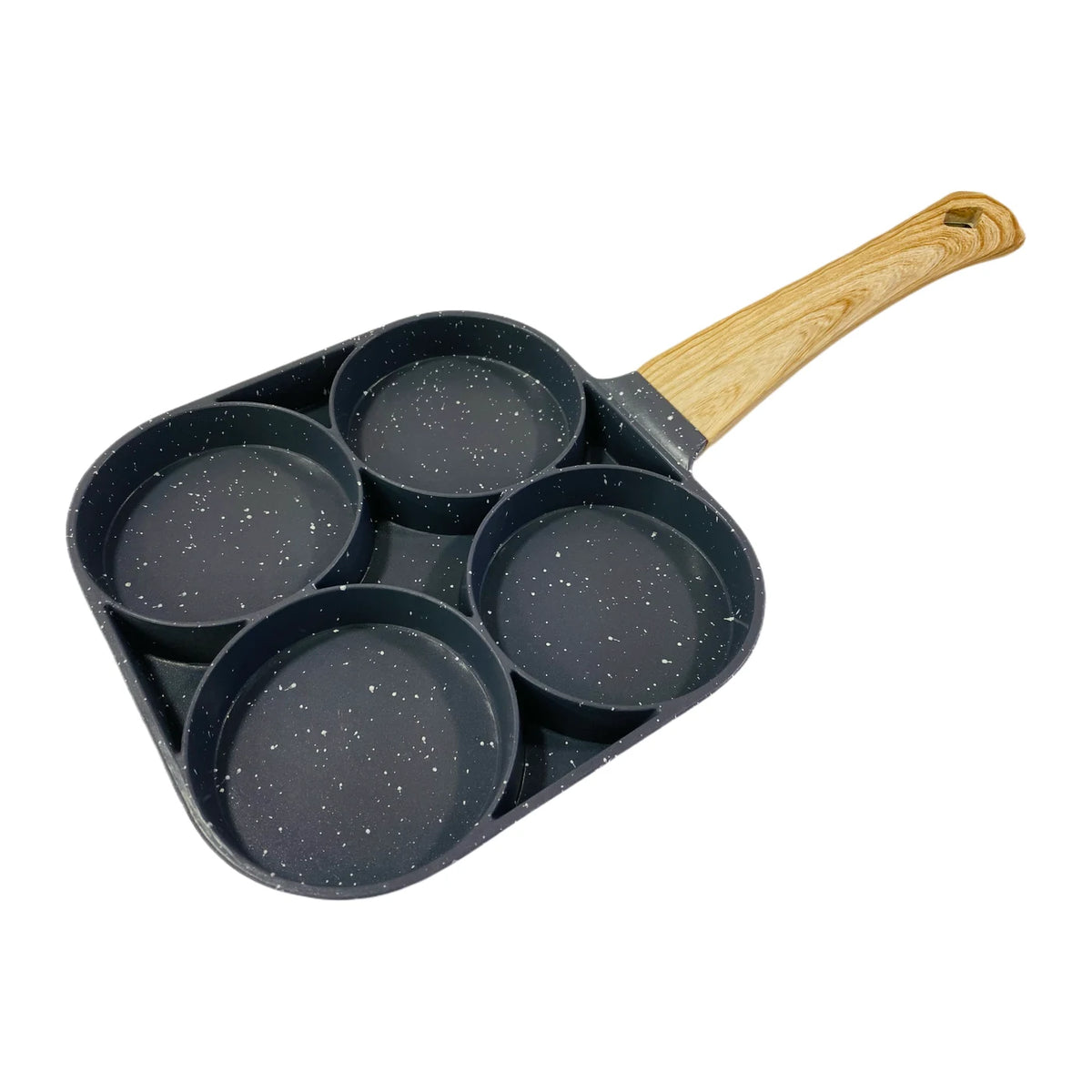 Sartén antiadherente negra de cuatro compartimentos con mango de acabado madera.