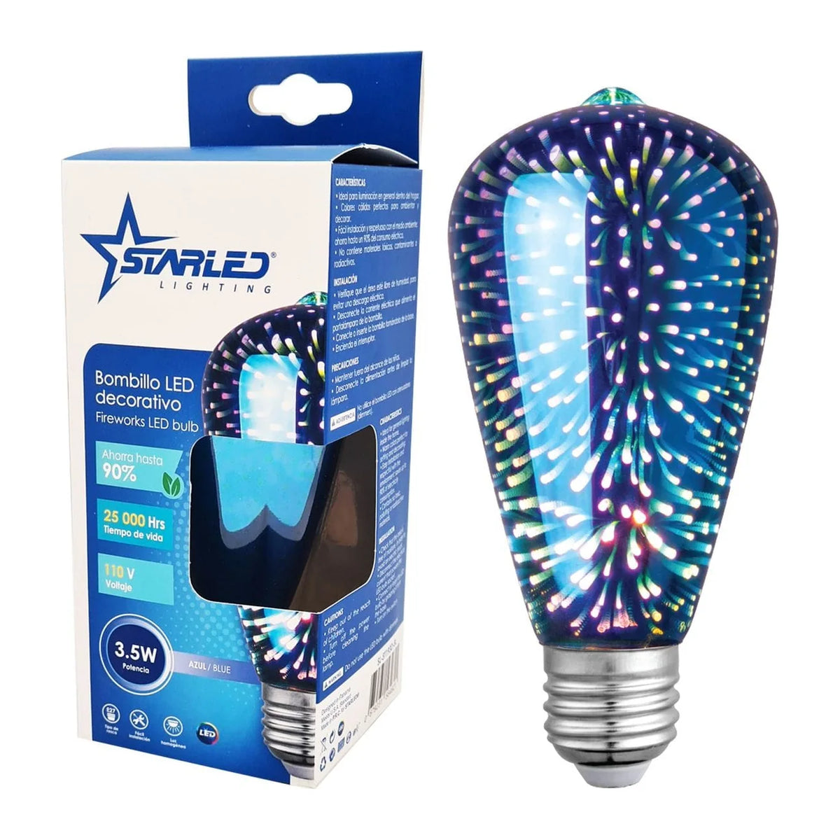 Bombillo LED decorativo Fireworks de 3.5 W con efecto visual 3D y caja Starled Lighting, vista frontal.