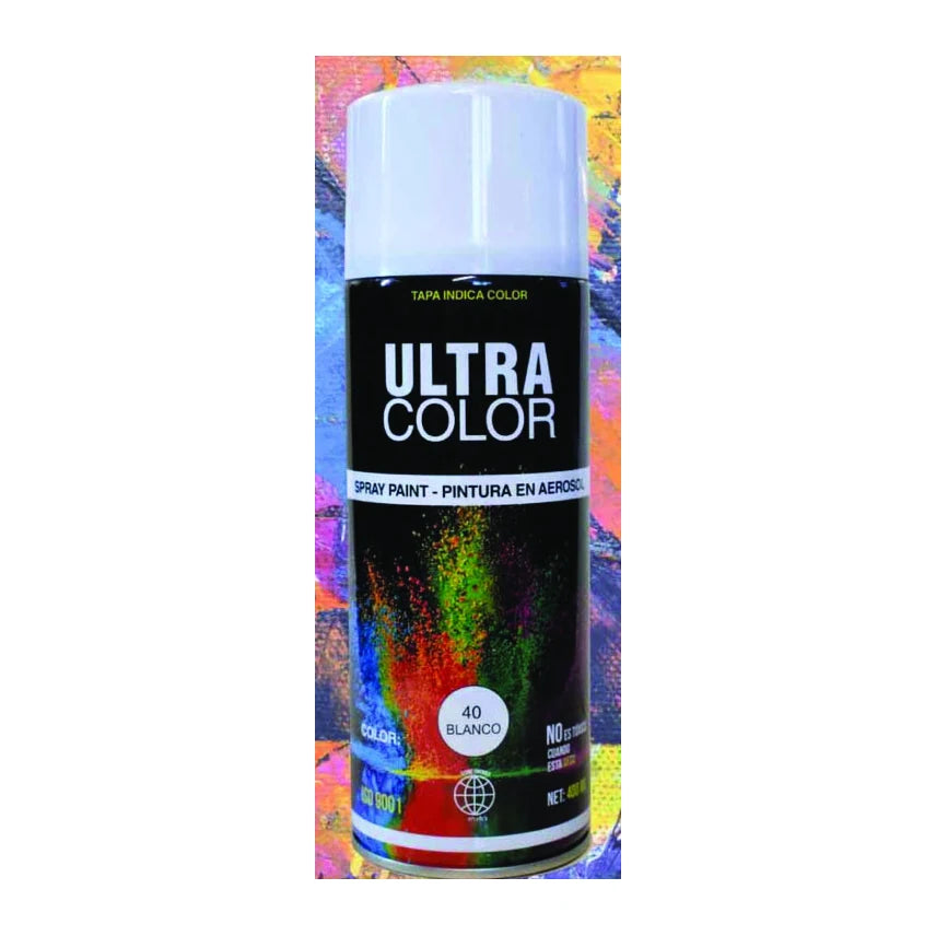Lata de pintura Ultra Color #40 blanca, 400 g, tapa blanca y vista frontal