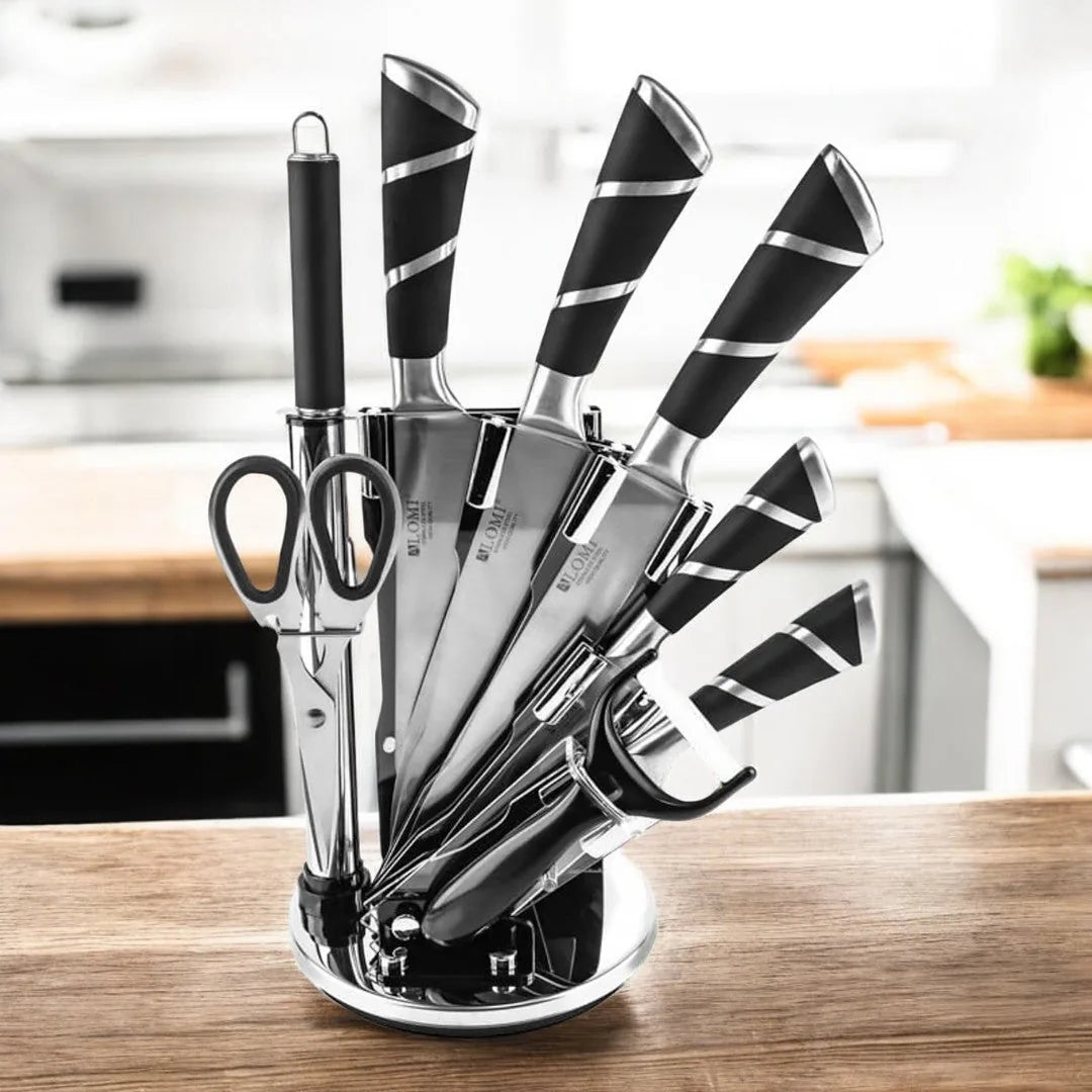 Juego de cuchillos de cocina de nueve piezas con mangos negros y soporte transparente