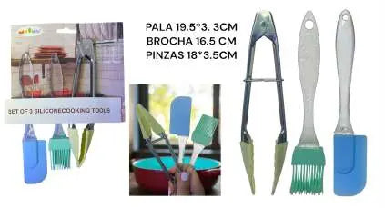 Set ATC-02 de utensilios de silicona para cocina: espátula de 19,5 cm, brocha de 16,5 cm y pinzas de 18,3 cm.