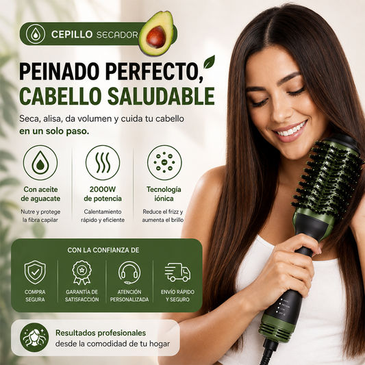 Mujer usando cepillo secador eléctrico Aleko.com.co verde con tecnología iónica para un peinado profesional en casa