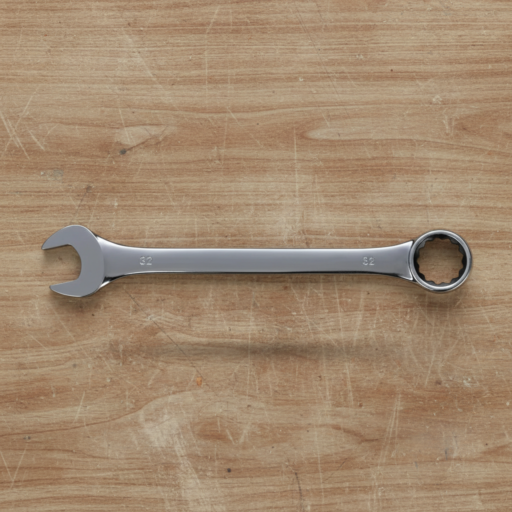 Llave de combinación Aleko.com.co de 32mm fabricada en acero cromado sobre superficie de madera
