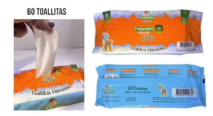 Pañitos húmedos Pompositos, paquetes de 60 unidades y vista de uso
