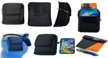 Estuche triple de lona con compartimentos, fundas abiertas y cerradas