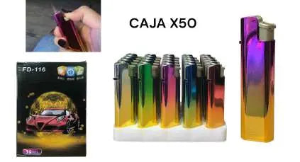 Composición del encendedor soplete metalizado FD-116 en mano, surtido de colores y caja por 50.