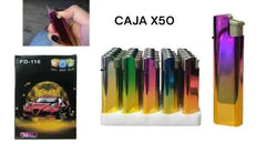 Composición del encendedor soplete metalizado FD-116 en mano, surtido de colores y caja por 50.