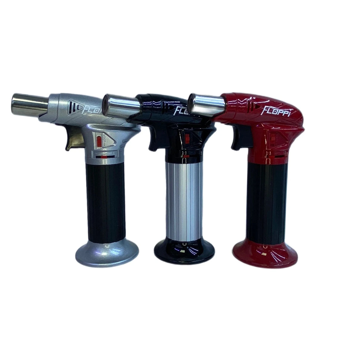 Soplete encendedor Floppi FL-603 con boquilla metálica y cuerpo negro, mostrado en gris, negro y rojo.
