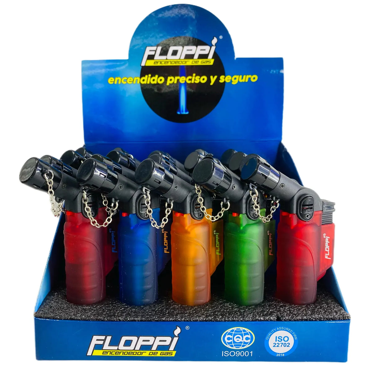 Exhibidor Floppi con sopletes flameadores FL-710 en varios colores, cuerpos de gas y cabezales metálicos.