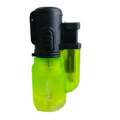 Soplete encendedor Floppi verde lima con cuerpo transparente y cabezal negro, vista frontal.